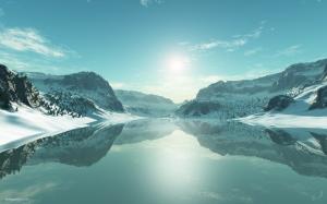 Lake Reflection Landscape Mountains Snow Winter Sunlight CG HD wallpaper thumb