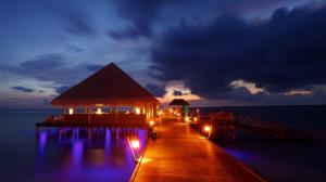 Resort Hut Hotel Ocean Tropical Night Path Trail Lights HD wallpaper thumb