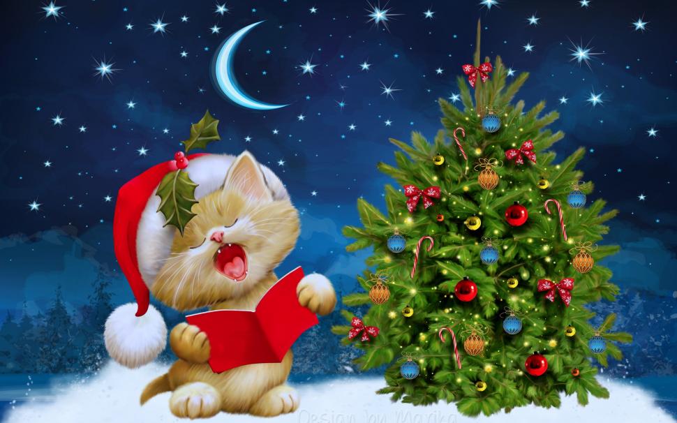 Cute Little Kitty Singing wallpaper,christmas tree HD wallpaper,christmas decorations HD wallpaper,2880x1800 wallpaper