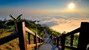 Taiwan landscape, mountain top, wood stairs, sun wallpaper thumb