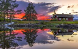 Ringerike, Norway, lake, water reflection, house, clouds, sunset wallpaper thumb