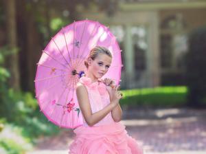 Pink dress girl, umbrella, bokeh wallpaper thumb
