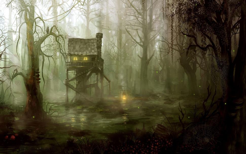 Swamp Trees House Drawing Cottage HD wallpaper,fantasy HD wallpaper,trees HD wallpaper,drawing HD wallpaper,house HD wallpaper,cottage HD wallpaper,swamp HD wallpaper,1920x1200 wallpaper