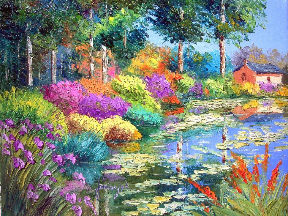 Garden in painting flowers house Landscape Oil Painting pond Trees HD wallpaper,abstract wallpaper,landscape wallpaper,trees wallpaper,flowers wallpaper,house wallpaper,pond wallpaper,oil painting wallpaper,1600x1200 wallpaper