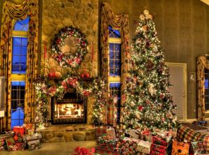 tree, christmas, presents, fireplace, wreath, home, comfort wallpaper thumb