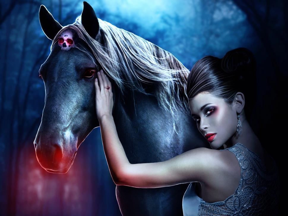 Fantasy girl with a horse, skull, red lips wallpaper,Fantasy HD wallpaper,Girl HD wallpaper,Horse HD wallpaper,Skull HD wallpaper,Red HD wallpaper,Lips HD wallpaper,2560x1920 wallpaper