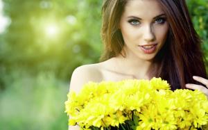 Women, Women Outdoors, Brunette, Looking At Viewer, Depth Of Field, Bare Shoulders, Open Mouth, Yellow Flowers, Flowers, Long Hair, Strategic Covering wallpaper thumb