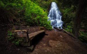 Waterfall Bench Forest Trees HD wallpaper thumb