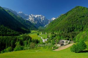 spring, alpine valley, mountains, fields, landscape wallpaper thumb
