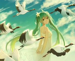 Vocaloid, Hatsune Miku, Long Hair, Twintails, White Dress, Flower in Hair, Bird, Clouds, Anime Girls wallpaper thumb
