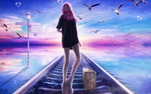 Pink haired fantasy girl, railroad, birds, dream wallpaper thumb