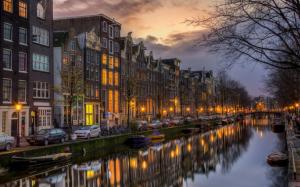 Netherlands, North Holland, Amsterdam, houses, night, boats, lights wallpaper thumb