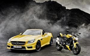 Mercedes-Benz SLK-Class R172 yellow car, Ducati motorcycle wallpaper thumb