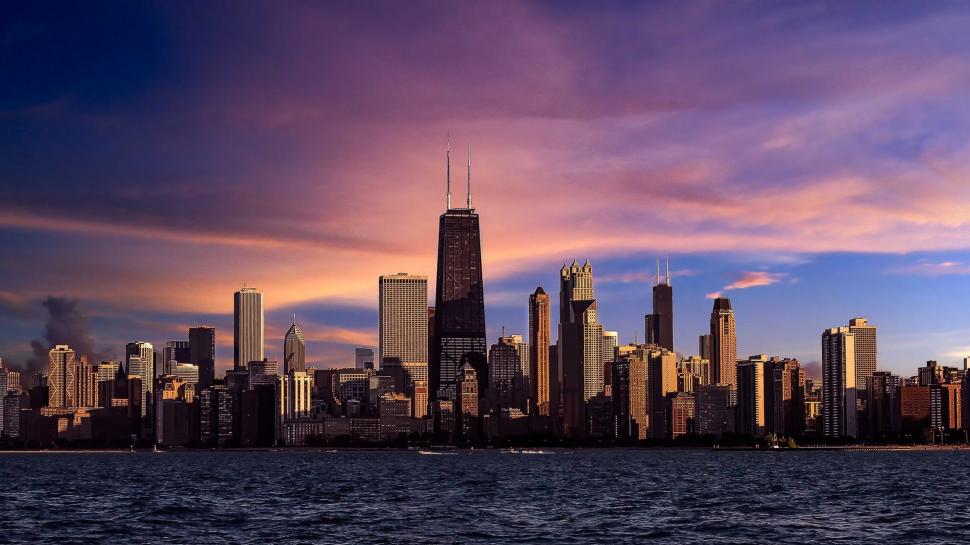 Chicago, Illinois, city, river, skyscrapers, evening, purple sky, sunset wallpaper,Chicago HD wallpaper,Illinois HD wallpaper,City HD wallpaper,River HD wallpaper,Skyscrapers HD wallpaper,Evening HD wallpaper,Purple HD wallpaper,Sky HD wallpaper,Sunset HD wallpaper,1920x1080 wallpaper