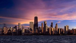 Chicago, Illinois, city, river, skyscrapers, evening, purple sky, sunset wallpaper thumb