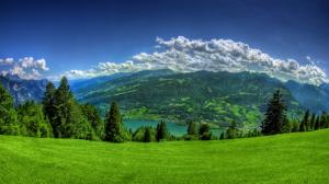 Nature, Lake, Hills, Mountain, Trees, Blue Sky, Clouds, Photography wallpaper thumb