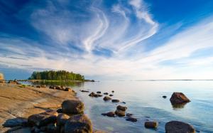 Finland landscape, the island, trees, beach, sea, blue sky, clouds wallpaper thumb