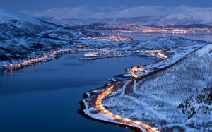 Landscape, Hills, Winter, Snow, Evening, Lights wallpaper thumb