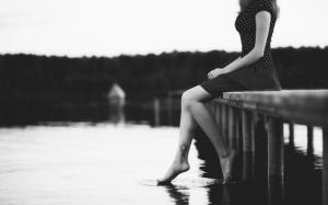 Mood, girl, beautiful, beautiful legs, river, lake, beautiful black and white mood wallpaper thumb