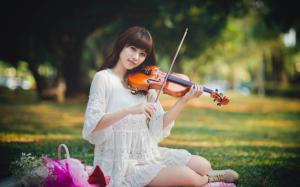 Asian girl, white dress, violin wallpaper thumb