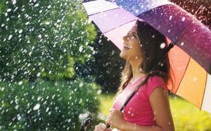 Smile joy girl, umbrella, rain, summer wallpaper thumb