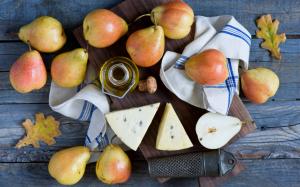 Fruits pears close-up, cheese, butter, wood board wallpaper thumb