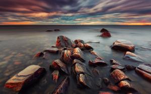 Sweden evening scenery, sea, clouds, sunset, stones wallpaper thumb