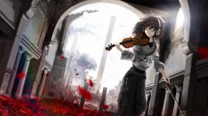Anime Girl, Violin, Headphones, Roses, Anime wallpaper thumb