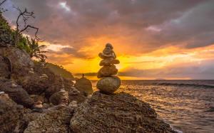 Rocks Stones Sunset Stacked Stack Shore HD wallpaper thumb