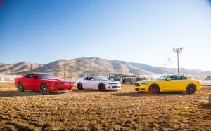 Red Dodge Challenger, White Chevrolet Camaro, Yellow Ford Mustang wallpaper thumb