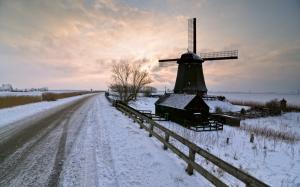 Winter snow, road, windmill, sunset wallpaper thumb
