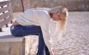 Woman, Blonde, Bent Over, Smile, Jeans, Bench wallpaper thumb