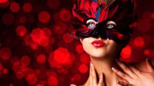 Masquerade, mask, feathers, make-up girl, red lip wallpaper thumb