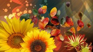 Sunflowers and red leaves wallpaper thumb