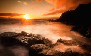 Sunset sea, beach, rocks, stones, clouds wallpaper thumb
