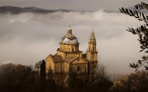 Montepulciano, Toscana, Italy, church, fog, trees wallpaper thumb