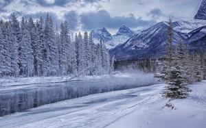 Winter mountains, forest, trees, river, snow, ice wallpaper thumb