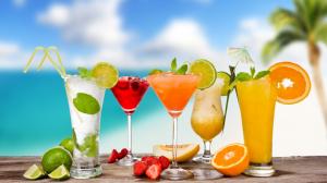 Summer drinks, cocktails, mojito, glass cups, strawberry, orange, melon wallpaper thumb