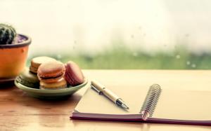 Macaroons, Notebook, Food, macaron, table, pen, Still Life wallpaper thumb