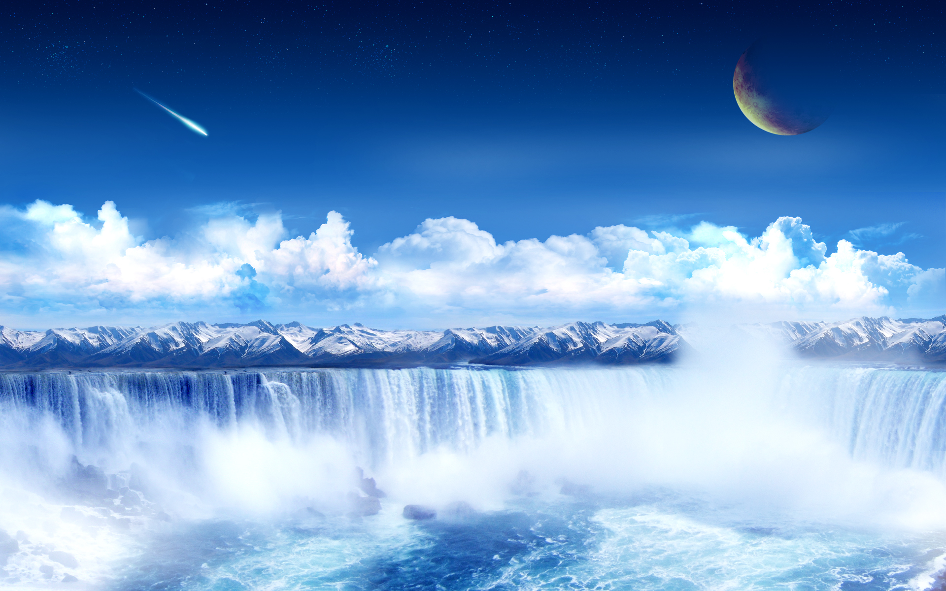 Waterfall Blue Clouds Mist Hd Wallpaper Creative And Fantasy Wallpaper Better