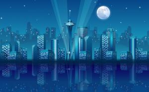 Seattle Buildings Skyscrapers Night Moon Reflection HD wallpaper thumb