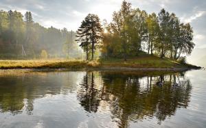 Lake, island, trees, mist, morning, nature landscape wallpaper thumb