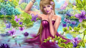 Beautiful purple dress fantasy girl in water, butterfly, flowers wallpaper thumb