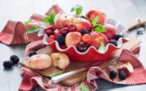Still life, fruit, peaches, cherries, blackberry, wood board, knife wallpaper thumb