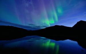 Norway, night, Northern lights, blue, lake, water reflection wallpaper thumb
