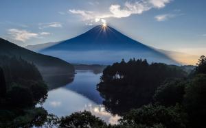 Japan, Fuji, volcano, mountain, sun, lake, trees wallpaper thumb