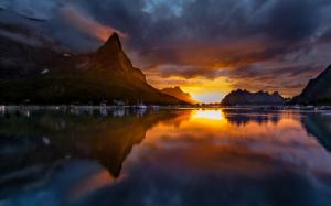 Norway, Reine, mountains, sunset, lake wallpaper thumb