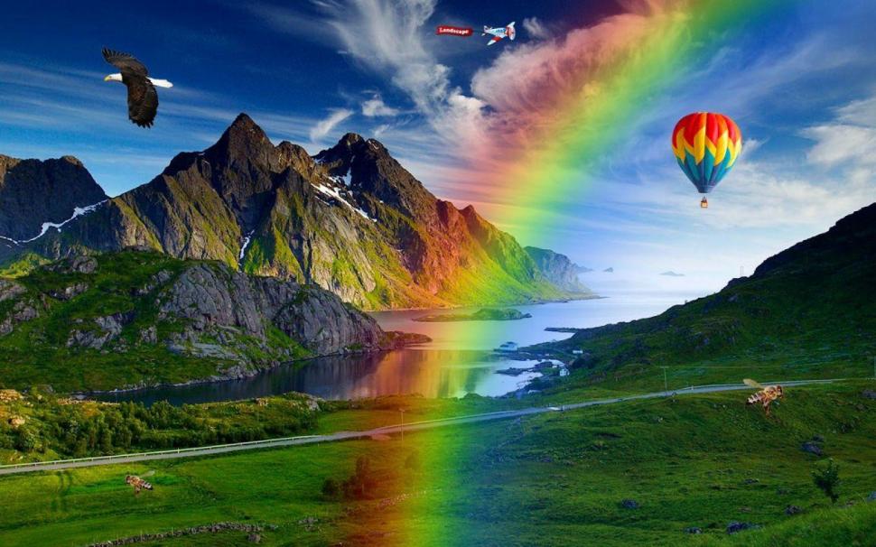 Rainbow over the mountain valley wallpaper,artistic HD wallpaper,1920x1080 HD wallpaper,Mountain HD wallpaper,valley HD wallpaper,Hot air balloon HD wallpaper,balloon  HD wallpaper,Bee HD wallpaper,eagle HD wallpaper,bird HD wallpaper,2880x1800 wallpaper