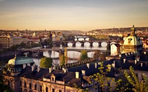 Czech Republic, Prague, city, bridge, river Vltava, sunrise, houses wallpaper thumb