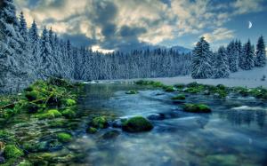 Winter landscape, river, forest, trees, sky, clouds, snow wallpaper thumb
